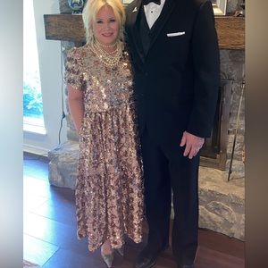 Anthropologie Maeve Bernadette Rose Gold Sequin Tiered Midi Dress